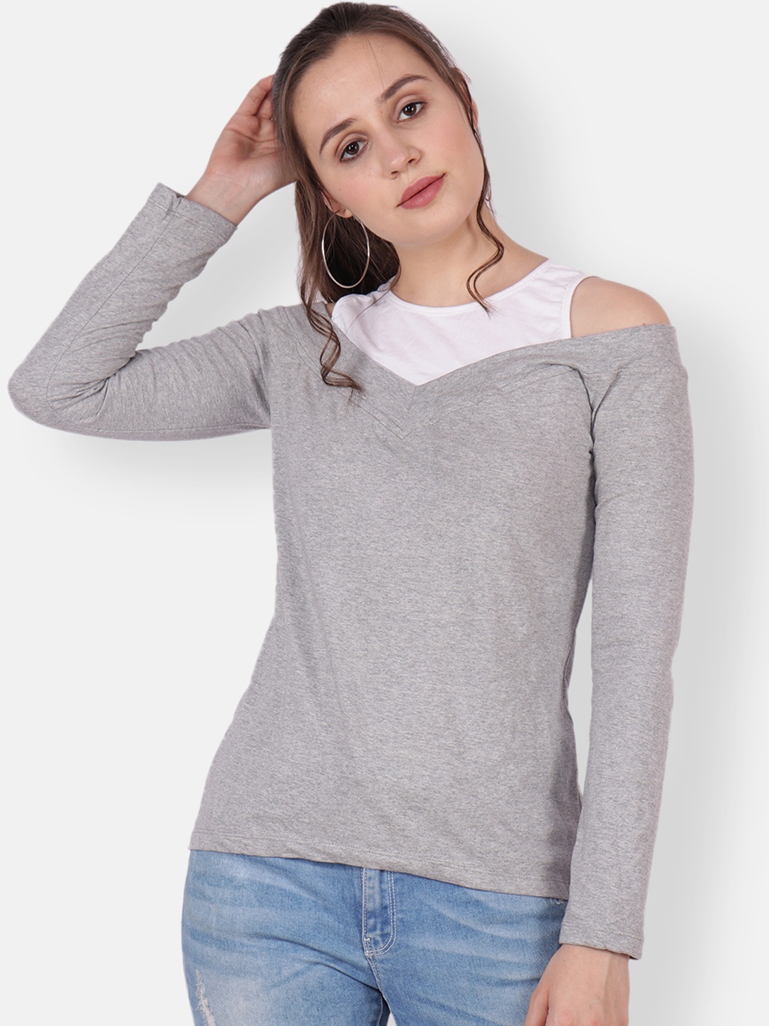 

SCORPIUS Women Grey & White Colourblocked Layered Top