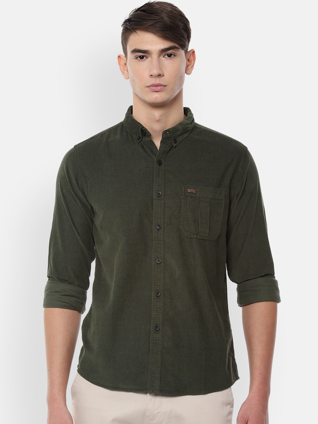 

People Men Olive Green Regular Fit Solid Casual Shirt