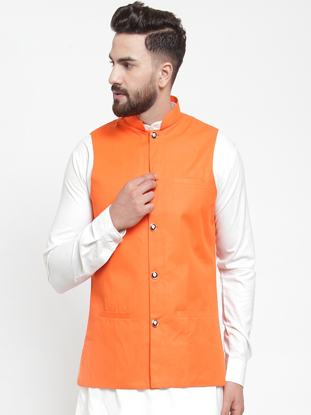 

Jompers Men Orange Solid Nehru Jacket