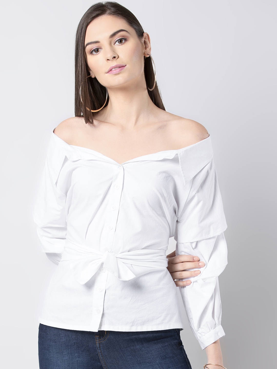 

FabAlley Women White Solid Pure Cotton Shirt Style Pure Cotton Top