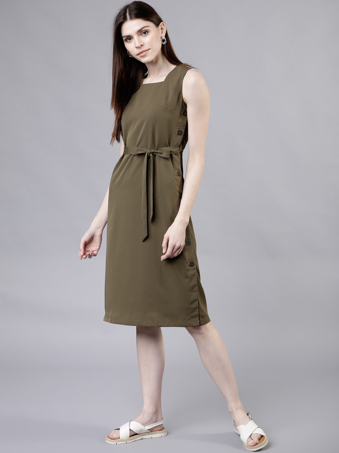 

Tokyo Talkies Women Olive Green Solid A-Line Dress