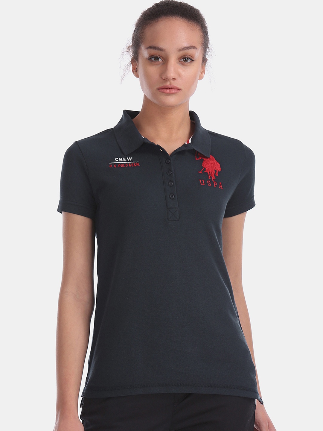 

U.S. Polo Assn. Women Blue Solid Polo Collar T-shirt