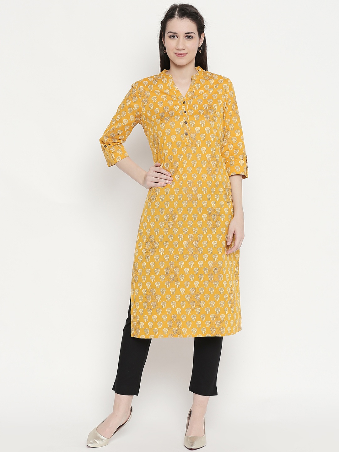 

RANGMANCH BY PANTALOONS Women Yellow & Off-White Printed Straight Kurta