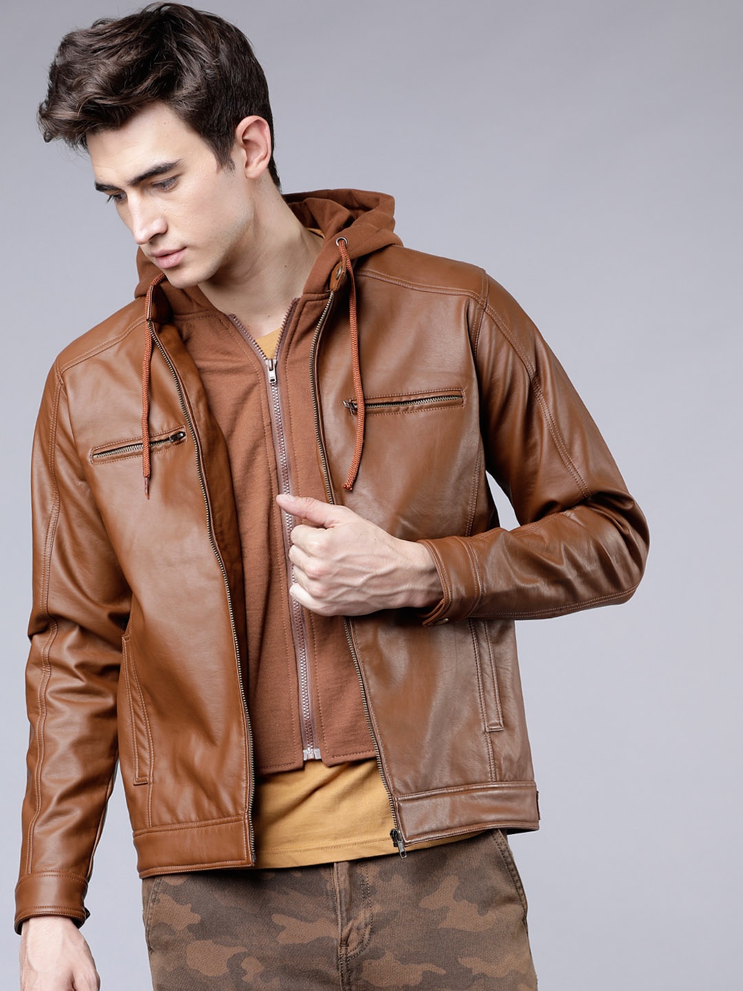 

HIGHLANDER Men Brown Solid Leather Jacket