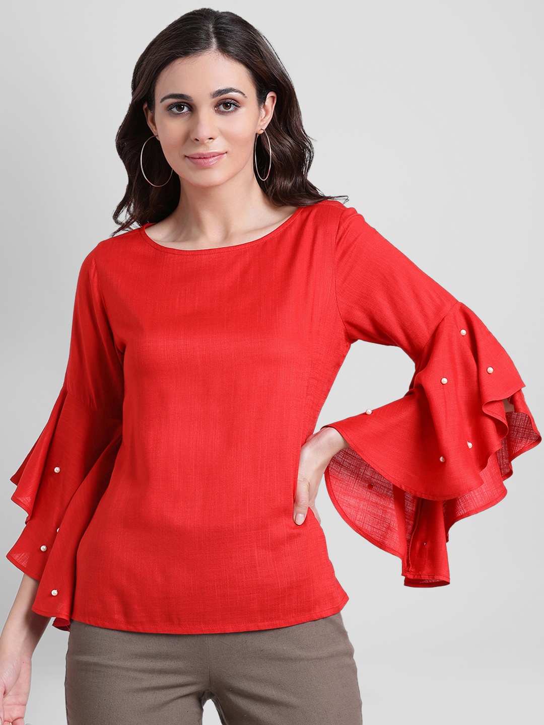 

Aayna Women Red Solid Top with Embellished Details