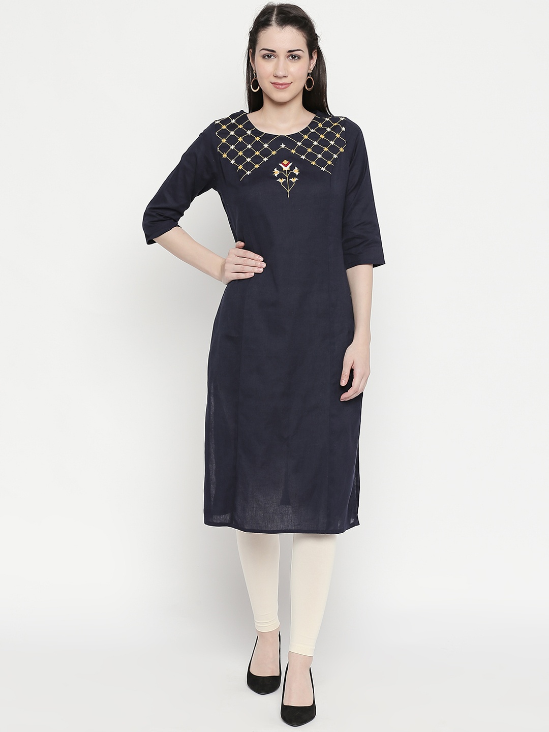 

RANGMANCH BY PANTALOONS Women Navy Blue Embroidered Straight Kurta