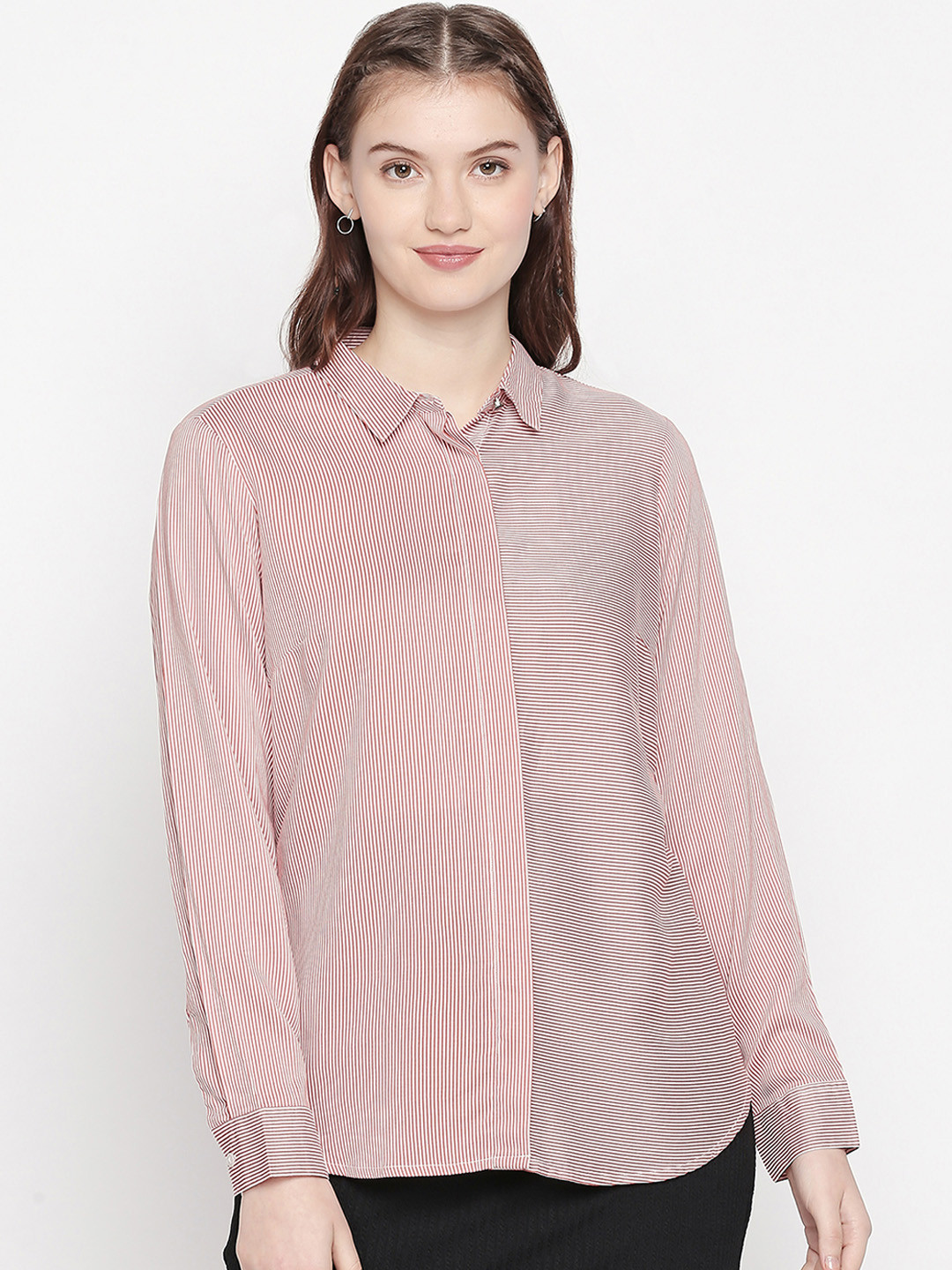 

Annabelle by Pantaloons Women Rust Orange Regular Fit Striped Formal Shirt