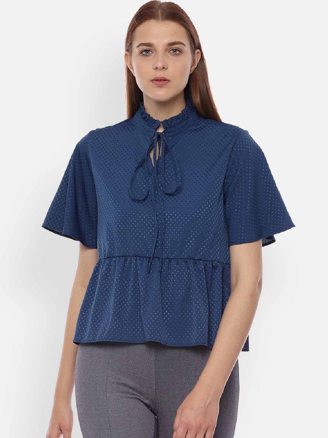 

Van Heusen Woman Navy Blue Self Design Peplum Top