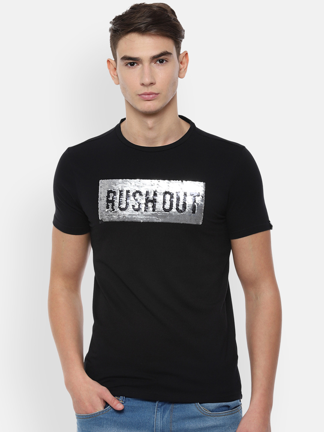

People Men Black Printed Round Neck T-shirt