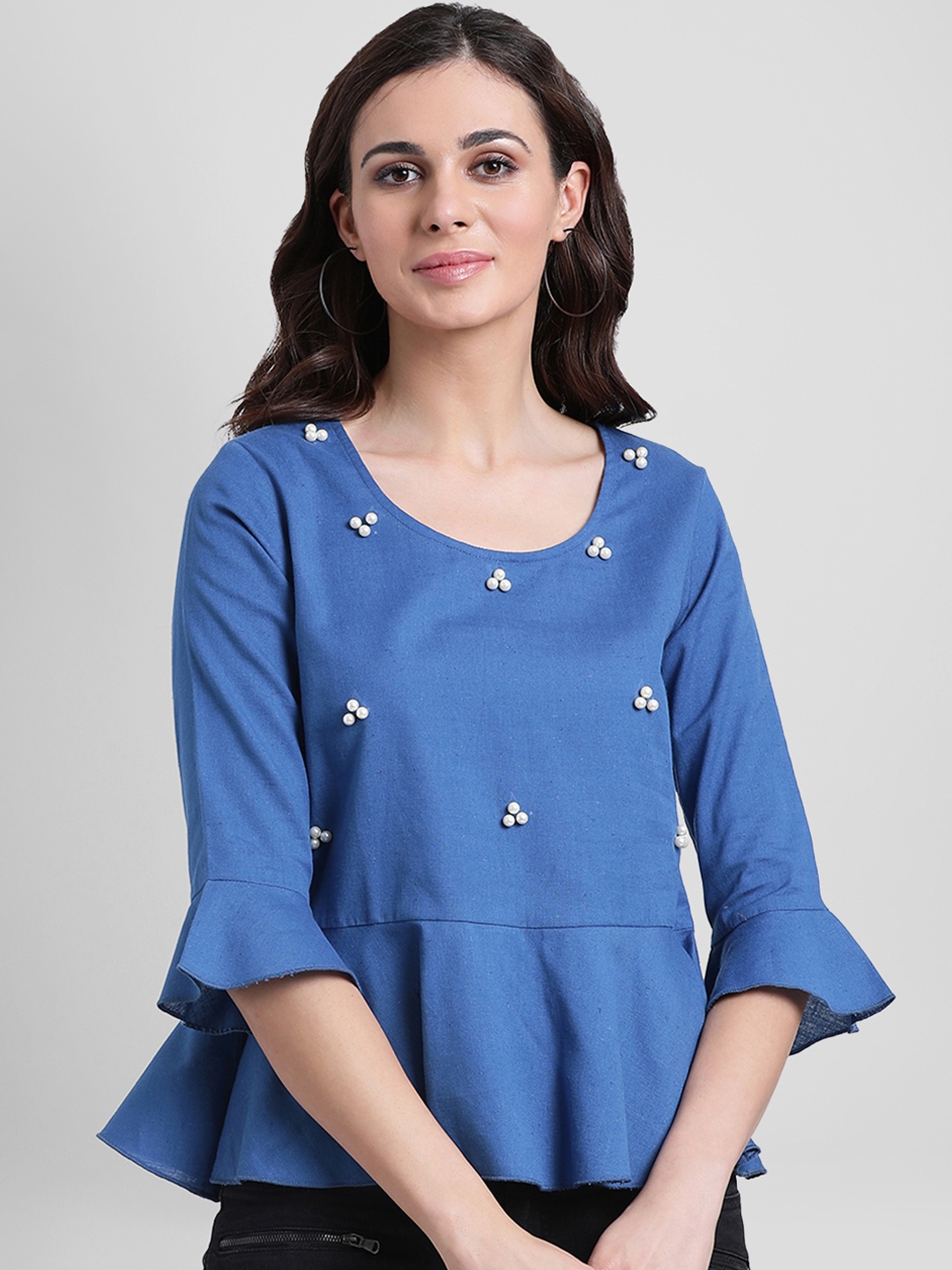 

Aayna Women Blue Embellished Peplum Pure Cotton Top