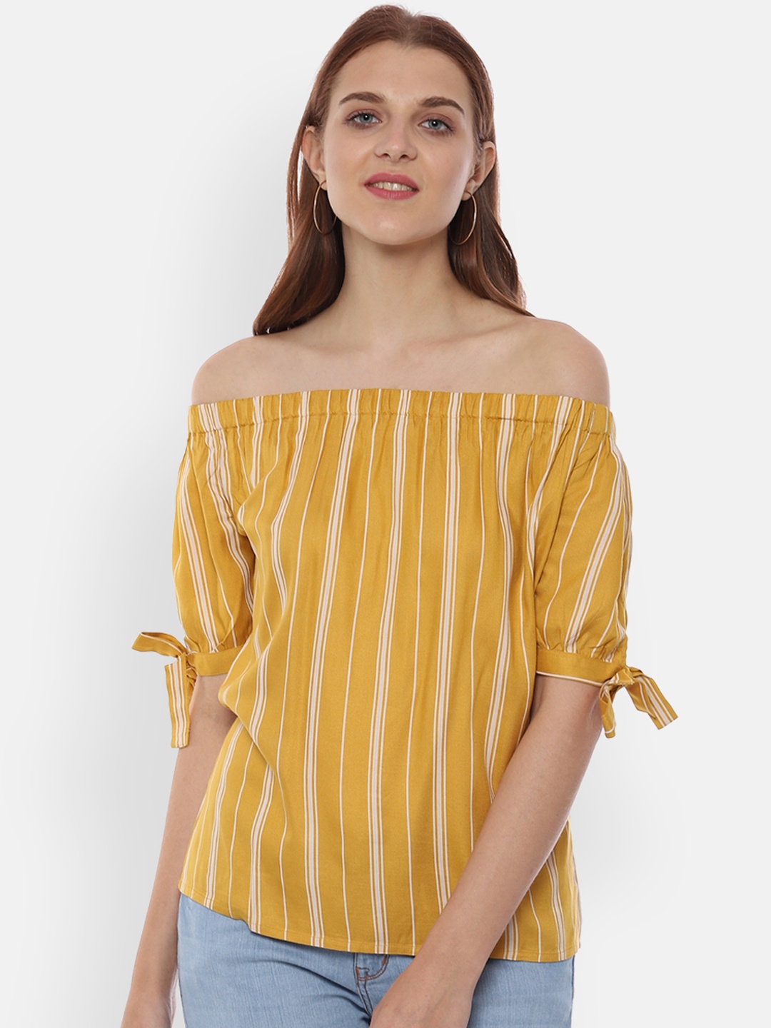 

People Women Mustard Striped Bardot Top