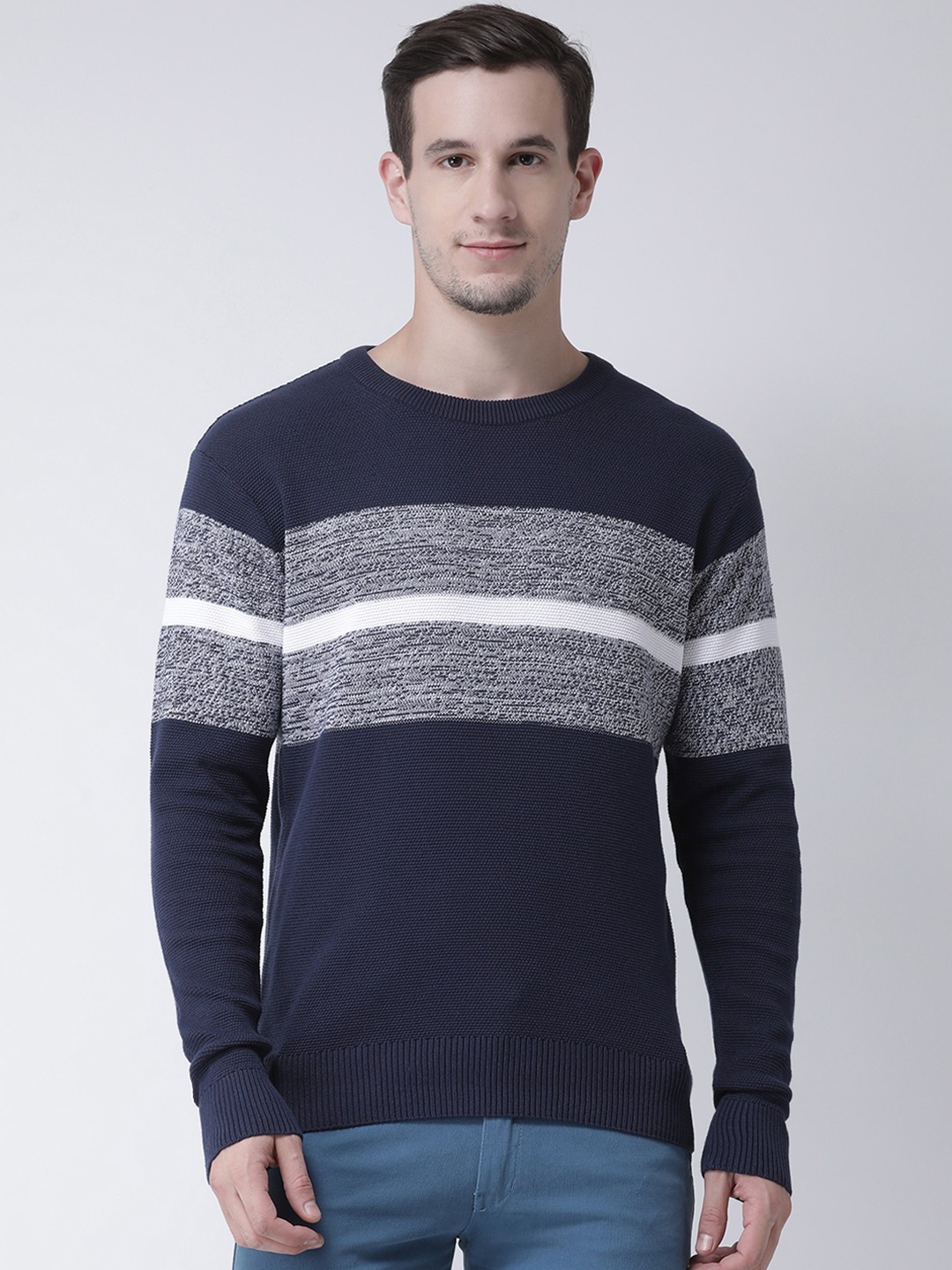 

Club York Men Navy Blue & Grey Striped Pullover Sweater