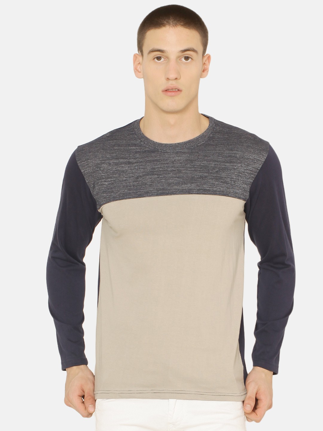 

ARISE Men Beige Colourblocked Round Neck Pure Cotton T-shirt