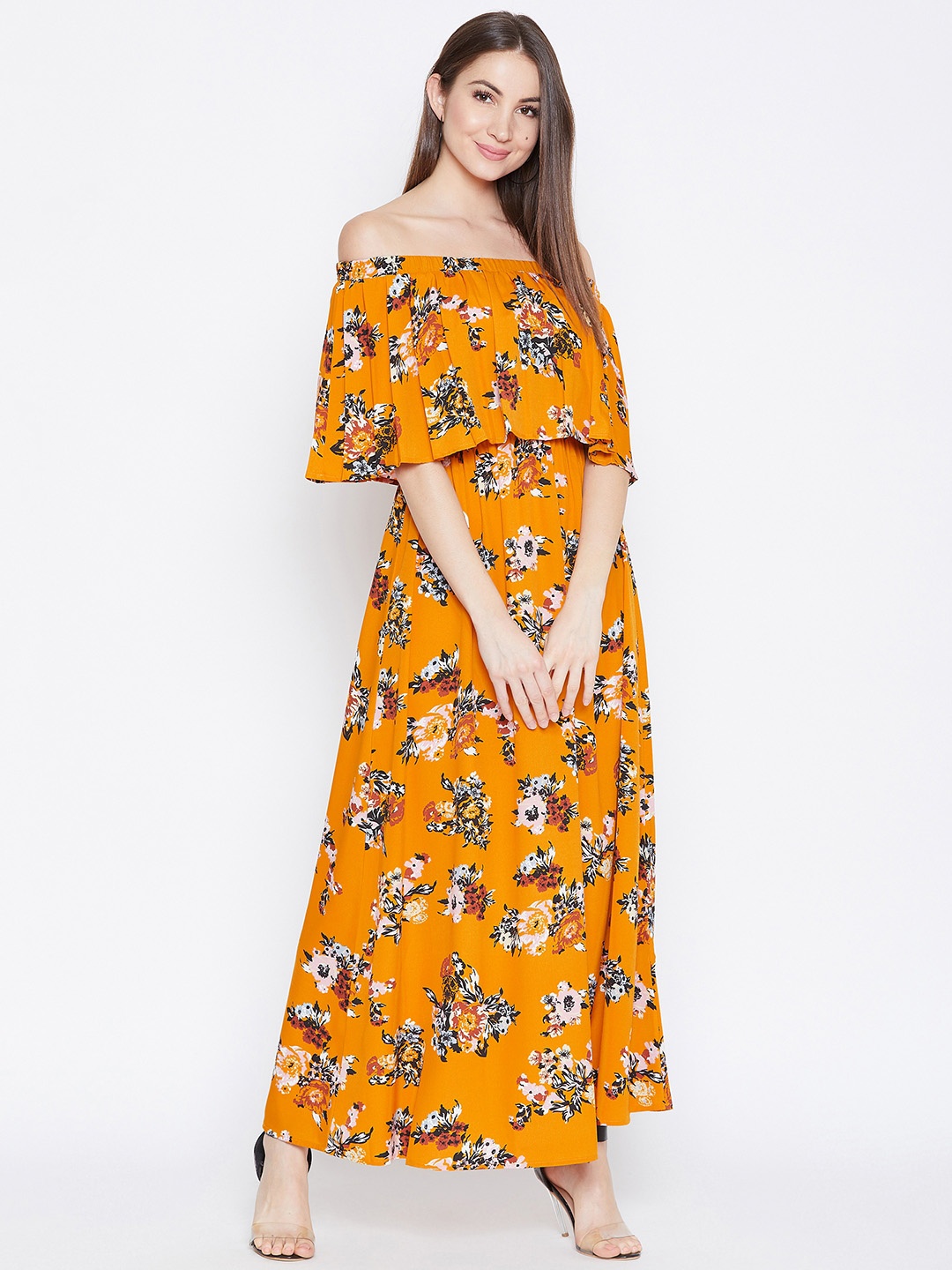 

Berrylush Women Mustard Yellow & White Floral Printed Layered Maxi Dress