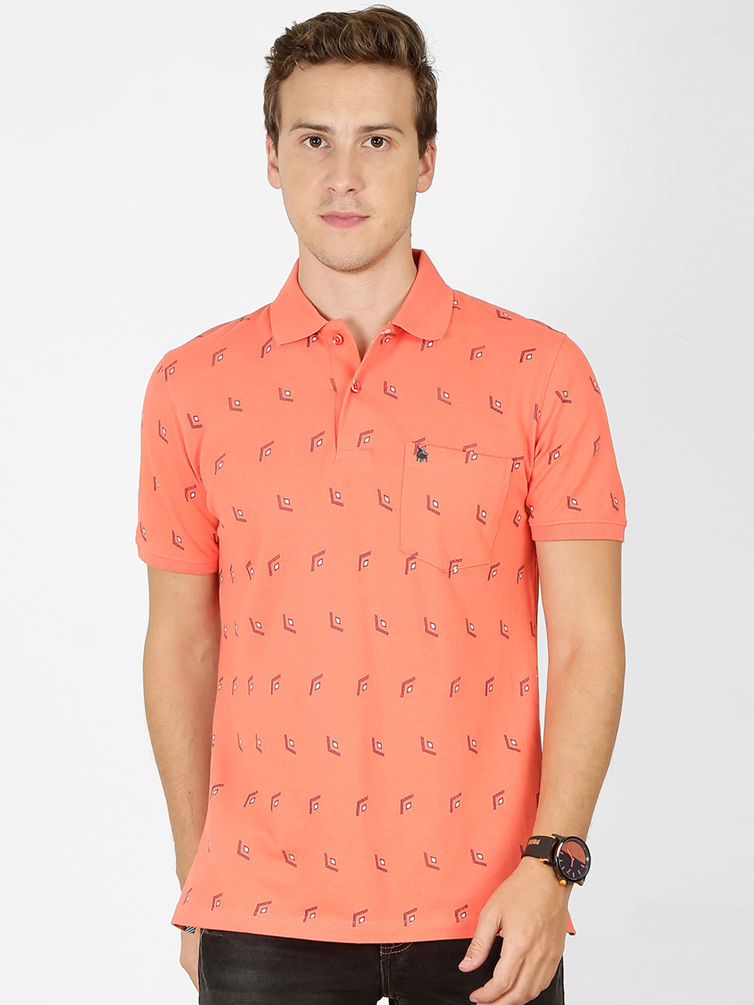 

BULLMER Men Peach-Coloured Printed Polo Collar T-shirt