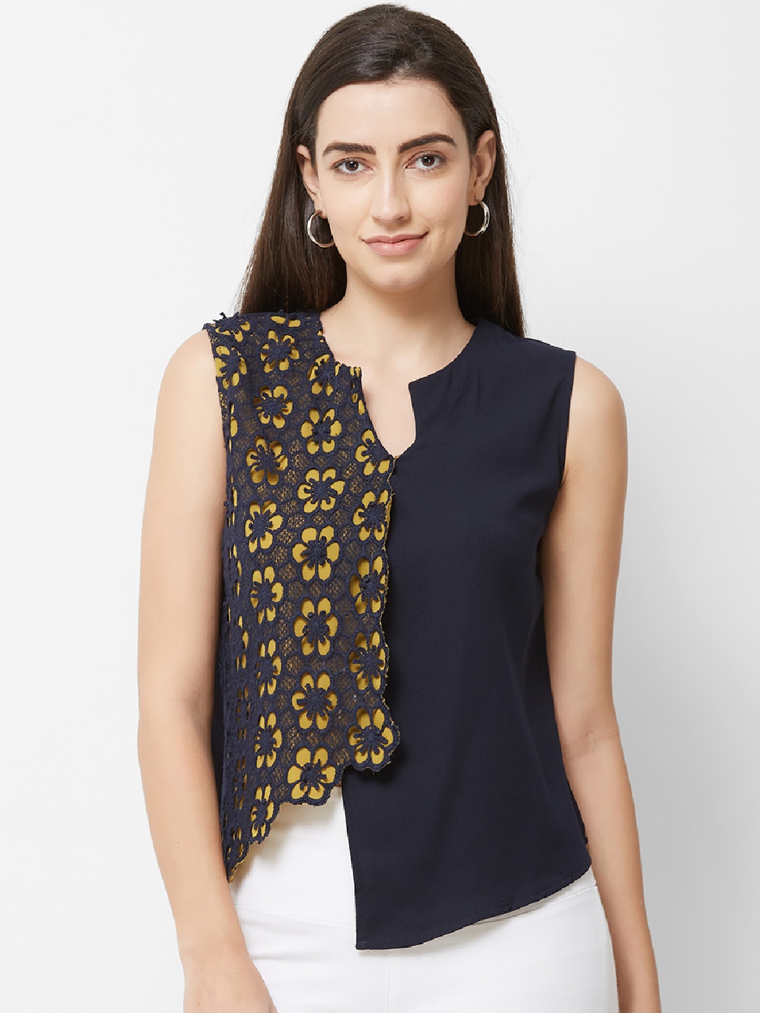 

Soie Women Navy Blue & Yellow Self Design High-Low Top