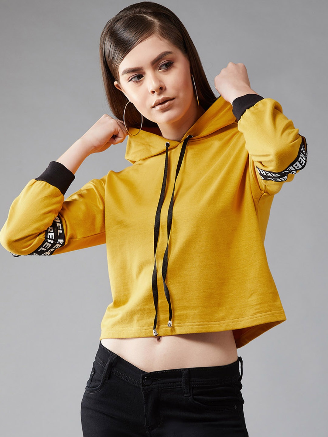 

DOLCE CRUDO Women Mustard Yellow Solid Hooded Sweatshirt