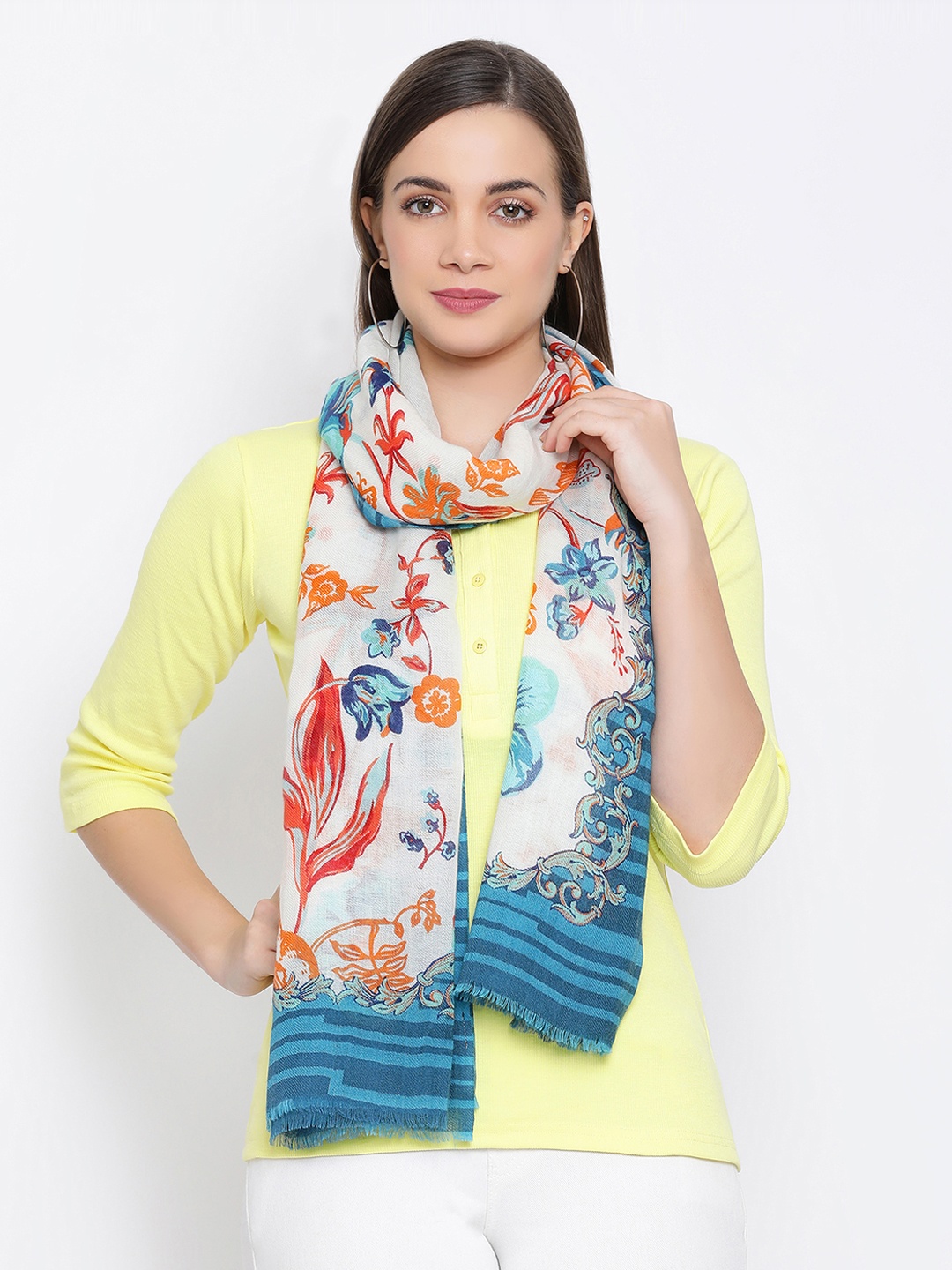 

SHINGORA Women Off-White & Blue Woollen Printed Stole