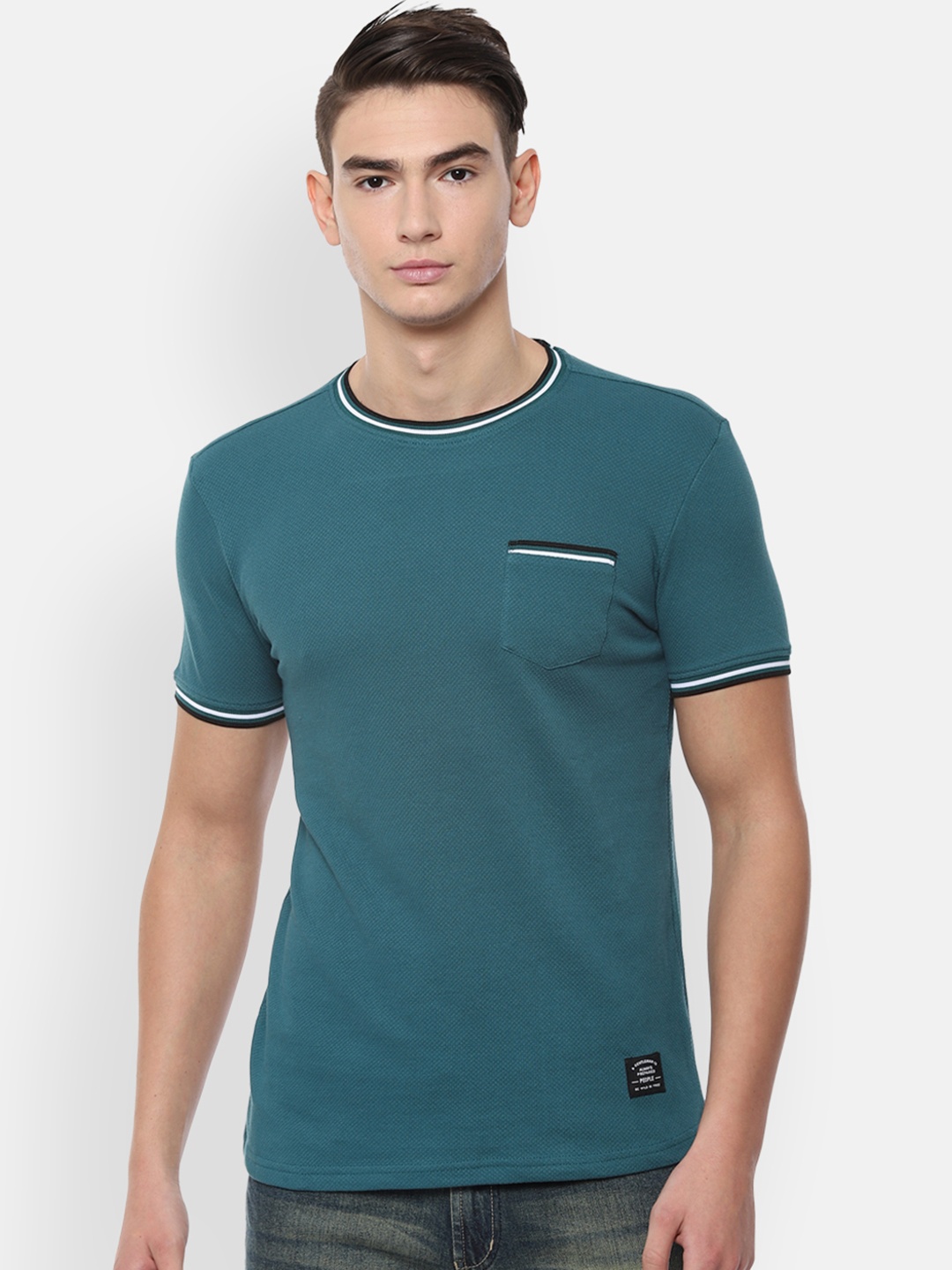 

People Men Green Self Design Round Neck Pure Cotton T-shirt