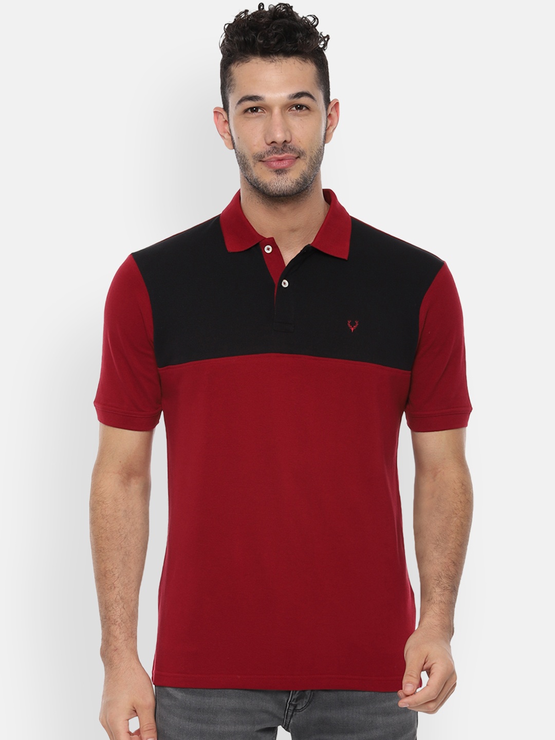 Allen Solly Men Maroon Black Colourblocked Polo Collar Pure Cotton T-shirt