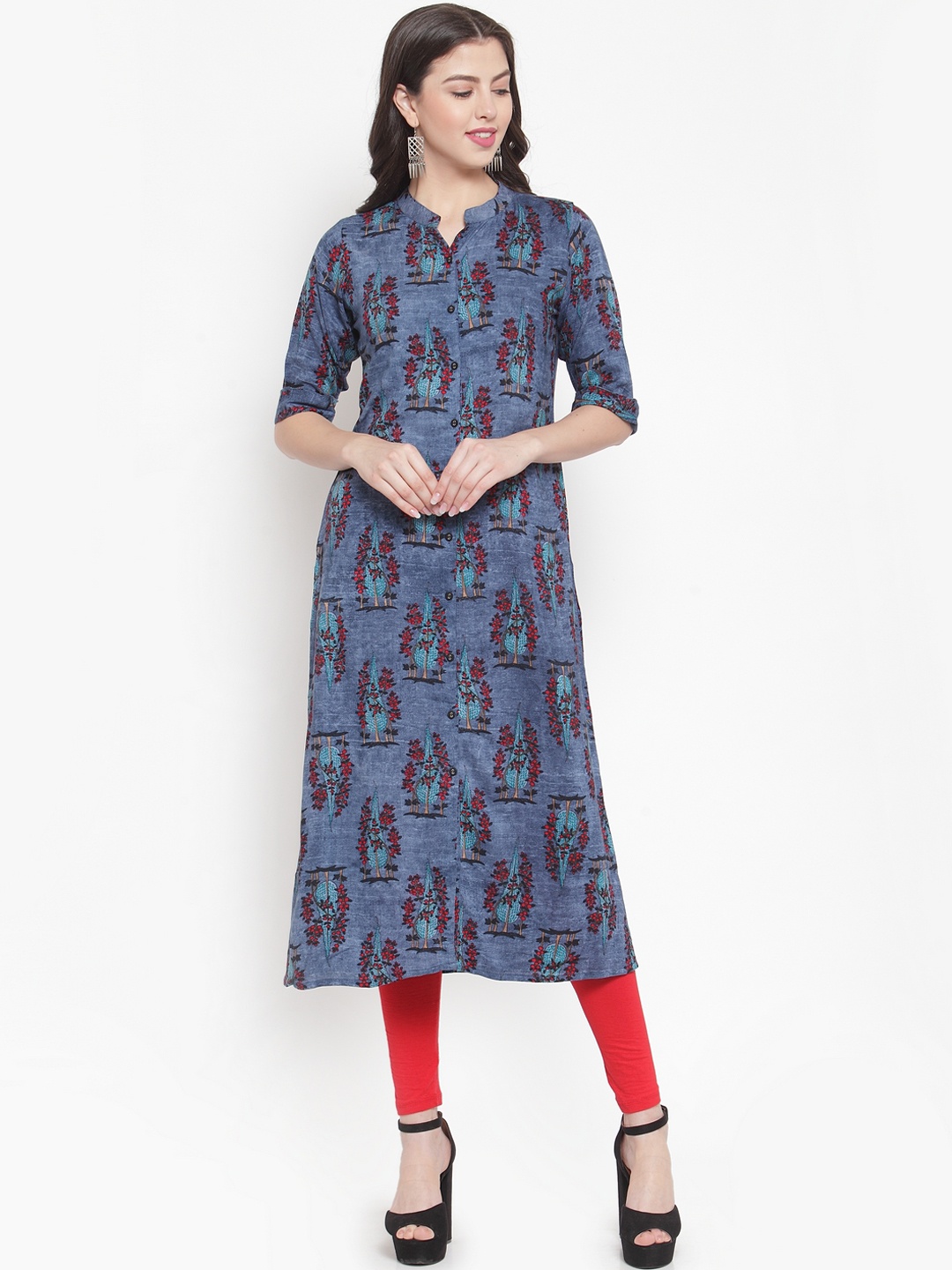 

Aujjessa Women Blue & Red Printed Straight Kurta