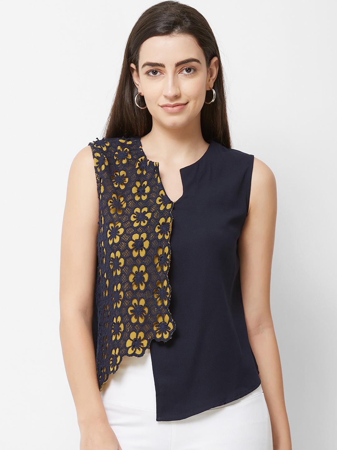 

Soie Women Navy Blue & Yellow Self Design High-Low Top