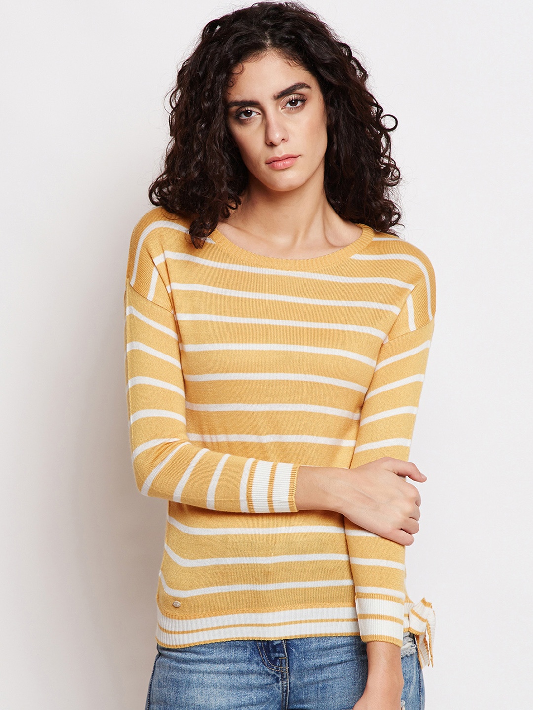 

Taanz Women Mustard Yellow & White Striped Pullover Sweater