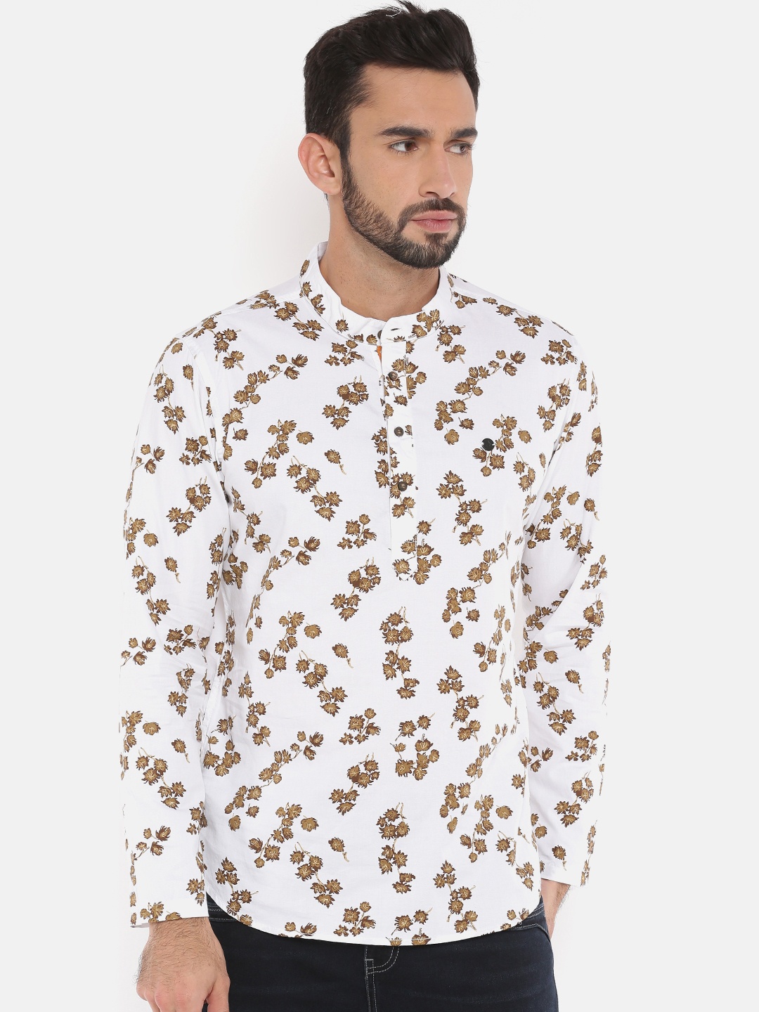 

The Indian Garage Co Men White & Brown Printed Straight Kurta