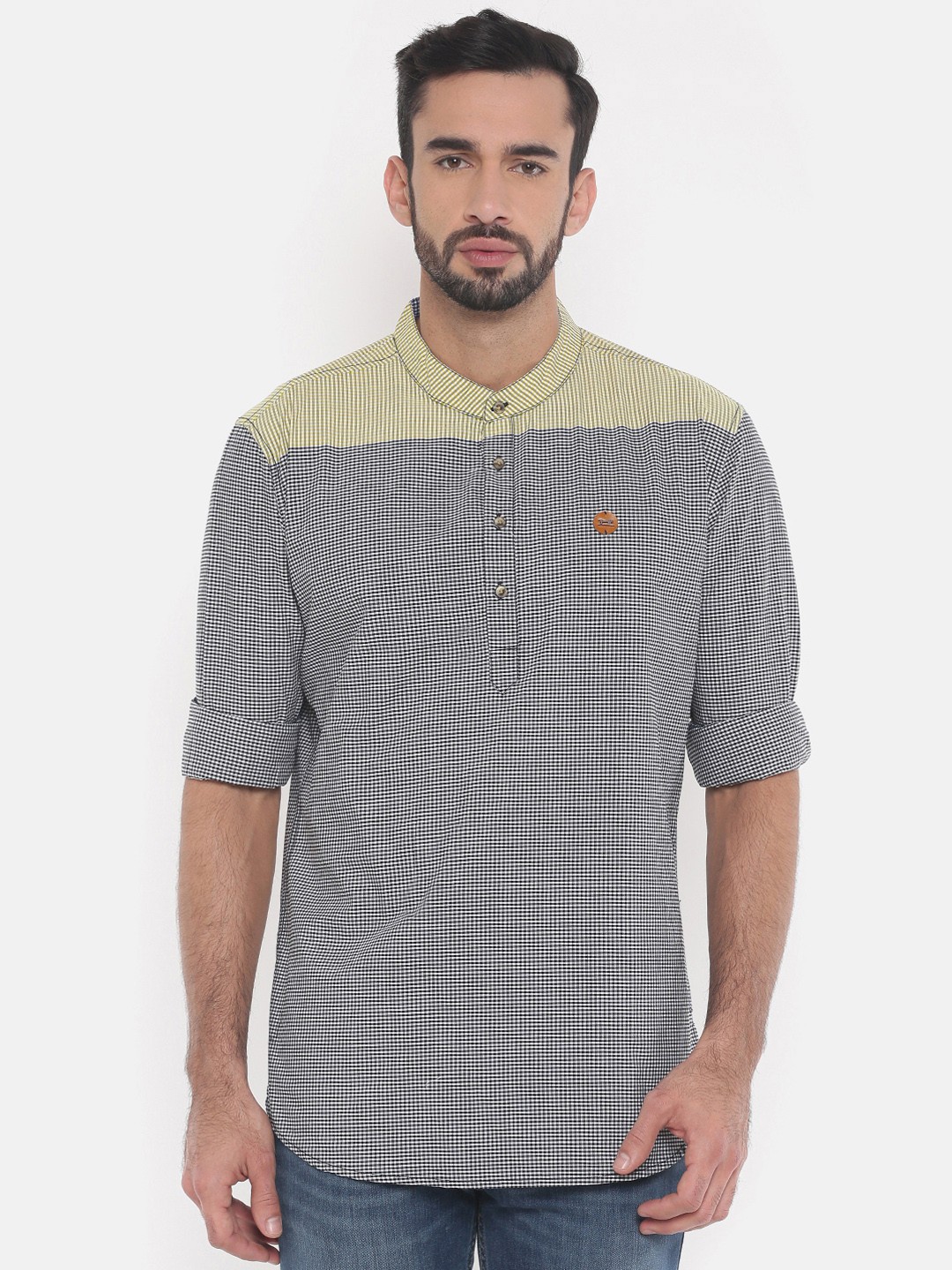 

The Indian Garage Co Men Yellow & Blue Checked Straight Kurta
