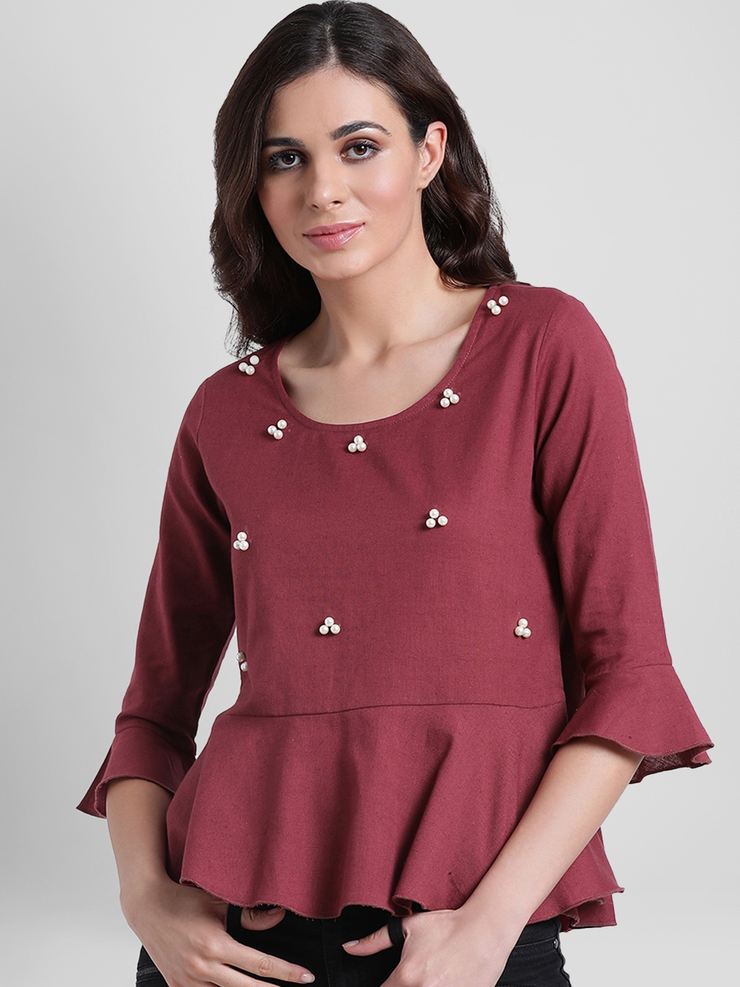 

Aayna Women Maroon Embellished Peplum Pure Cotton Top