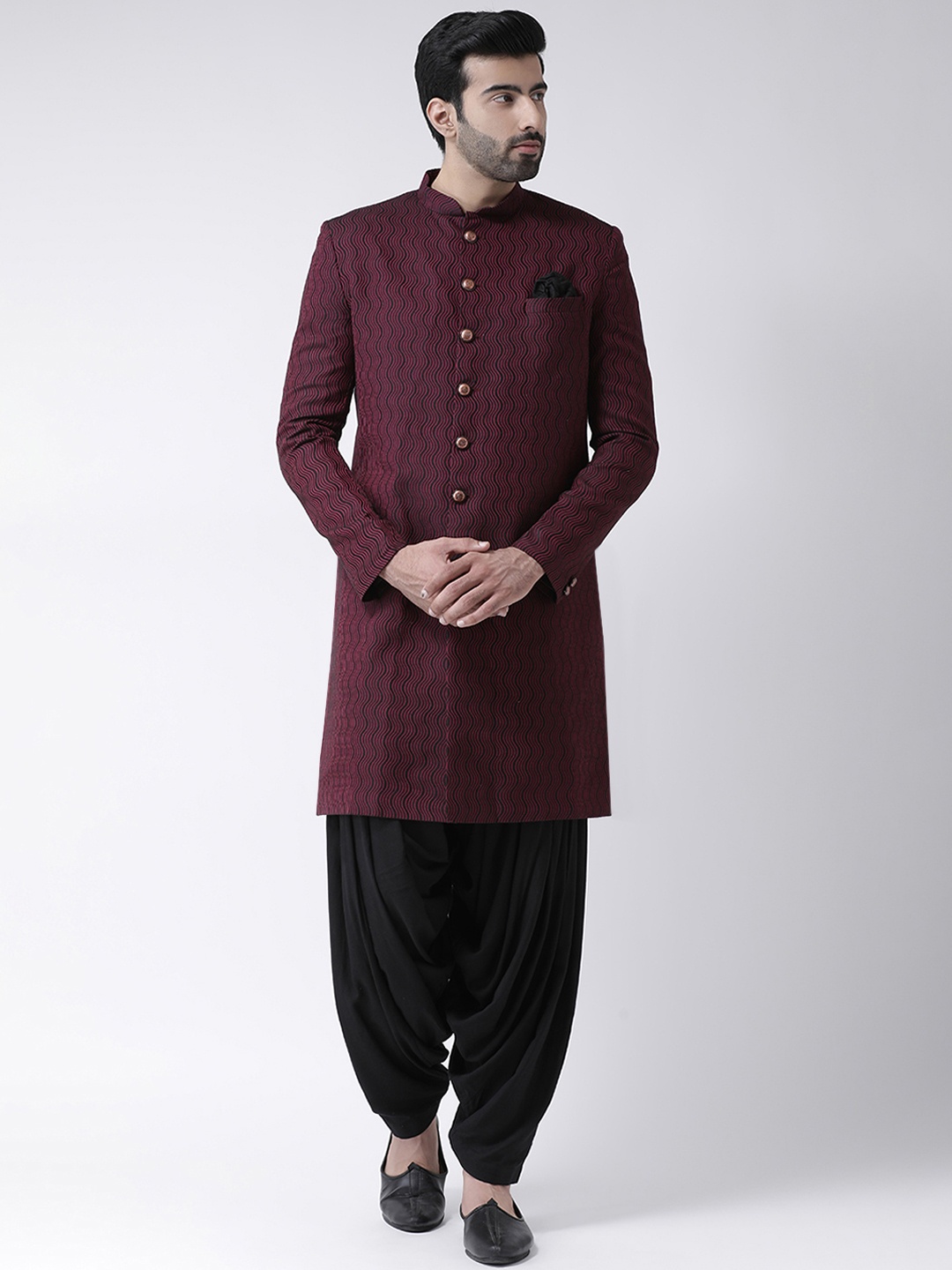 

KISAH Men Purple & Black Self-Design Silk Indowestern Sherwani with Dhoti Pants