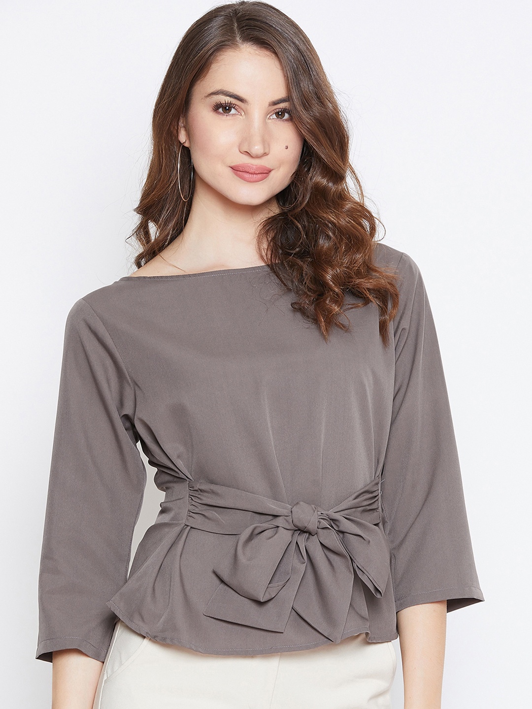 

Berrylush Women Grey Solid Tie-Waist Top