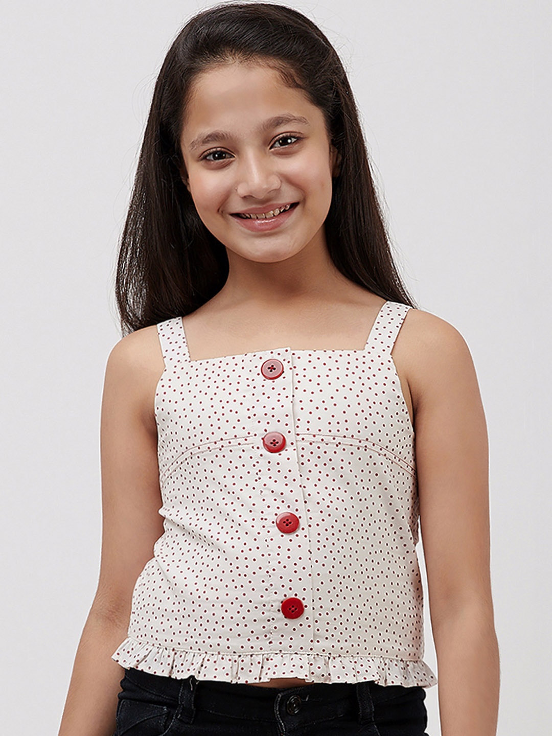 

CACA CINA Girls Off-White & Red Polka Dot Printed Pure Cotton Top