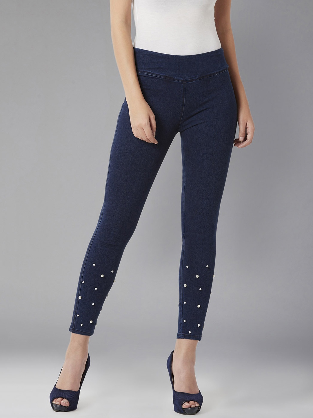 

DOLCE CRUDO Women Navy Blue Embellished Skinny-Fit Jeggings