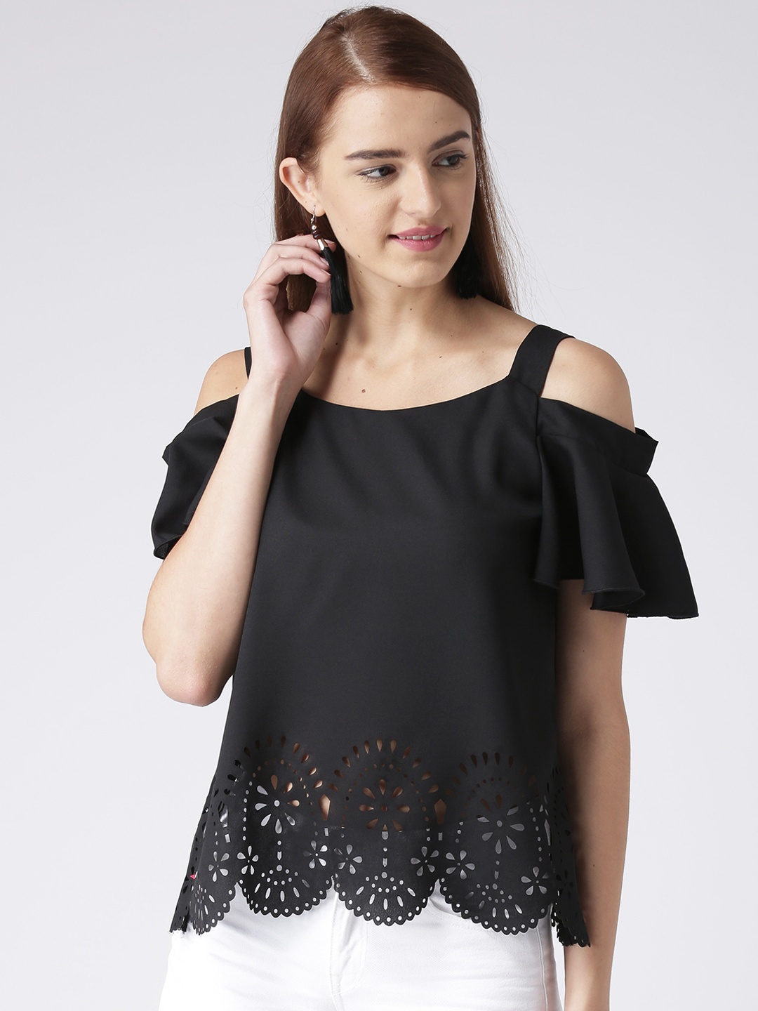 

KASSUALLY Women Black Schiffli A-Line Top