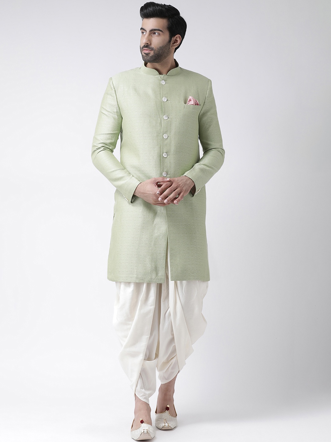 

KISAH Men Green & White Self-Design Silk Indowestern Sherwani with Dhoti Pants