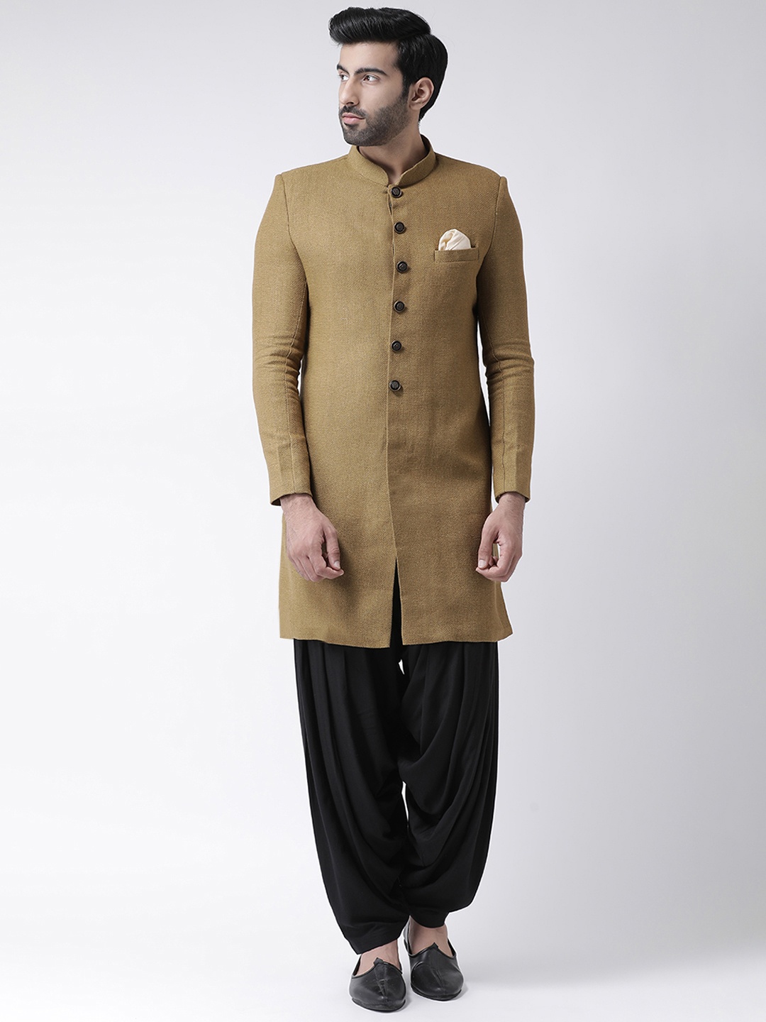 

KISAH Men Beige & Black Self-Design Silk Sherwani with Dhoti Pants