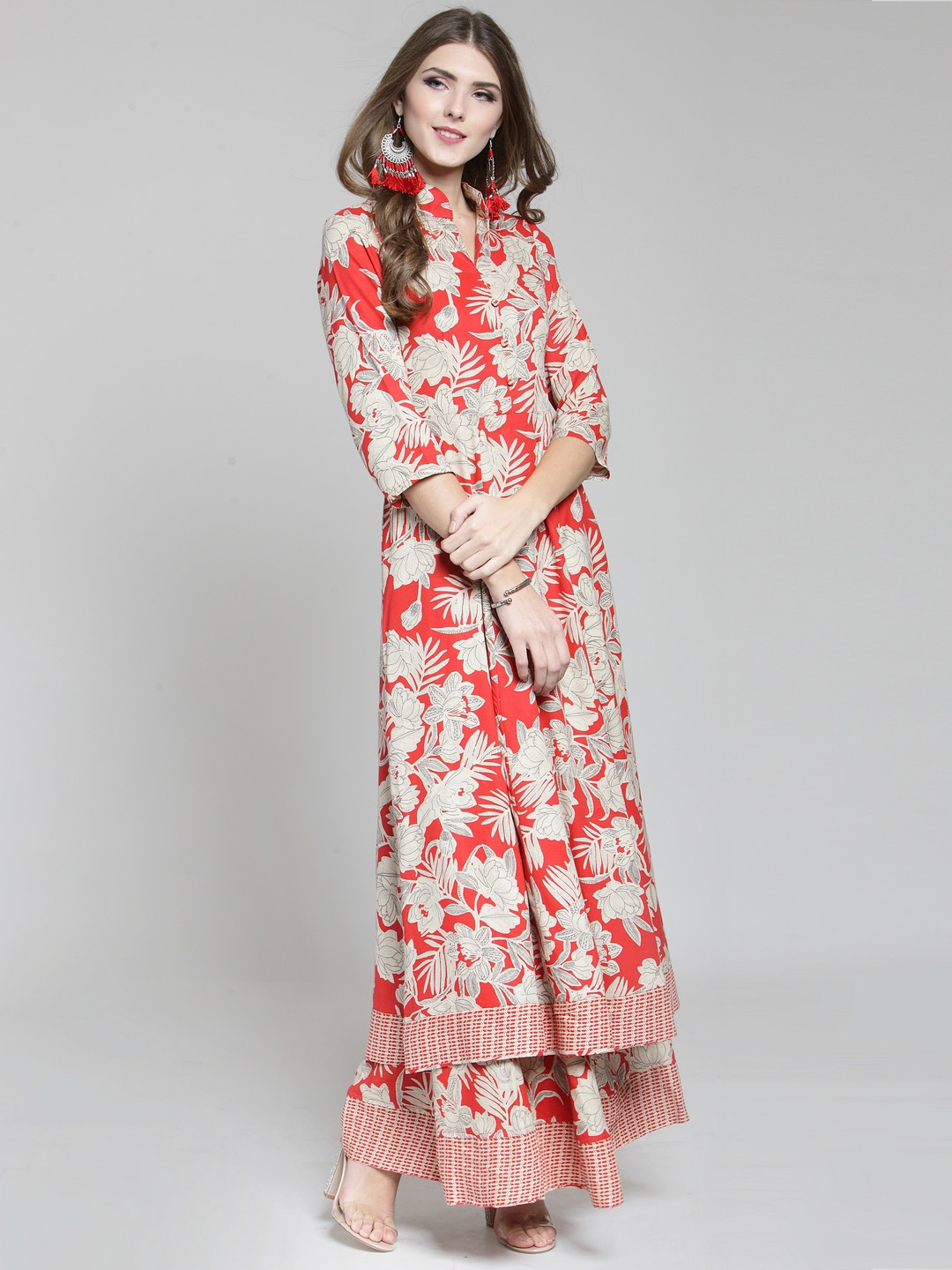 

Sera Women Red & Beige Printed Kurta with Skirt