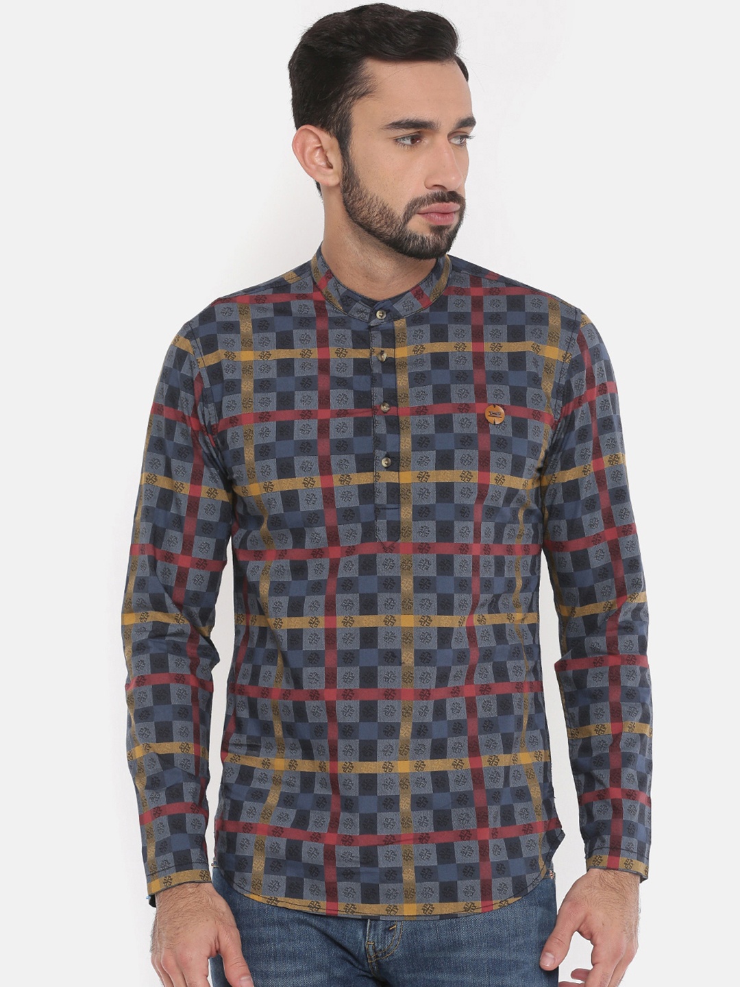 

The Indian Garage Co Men Grey Checked Straight Kurta