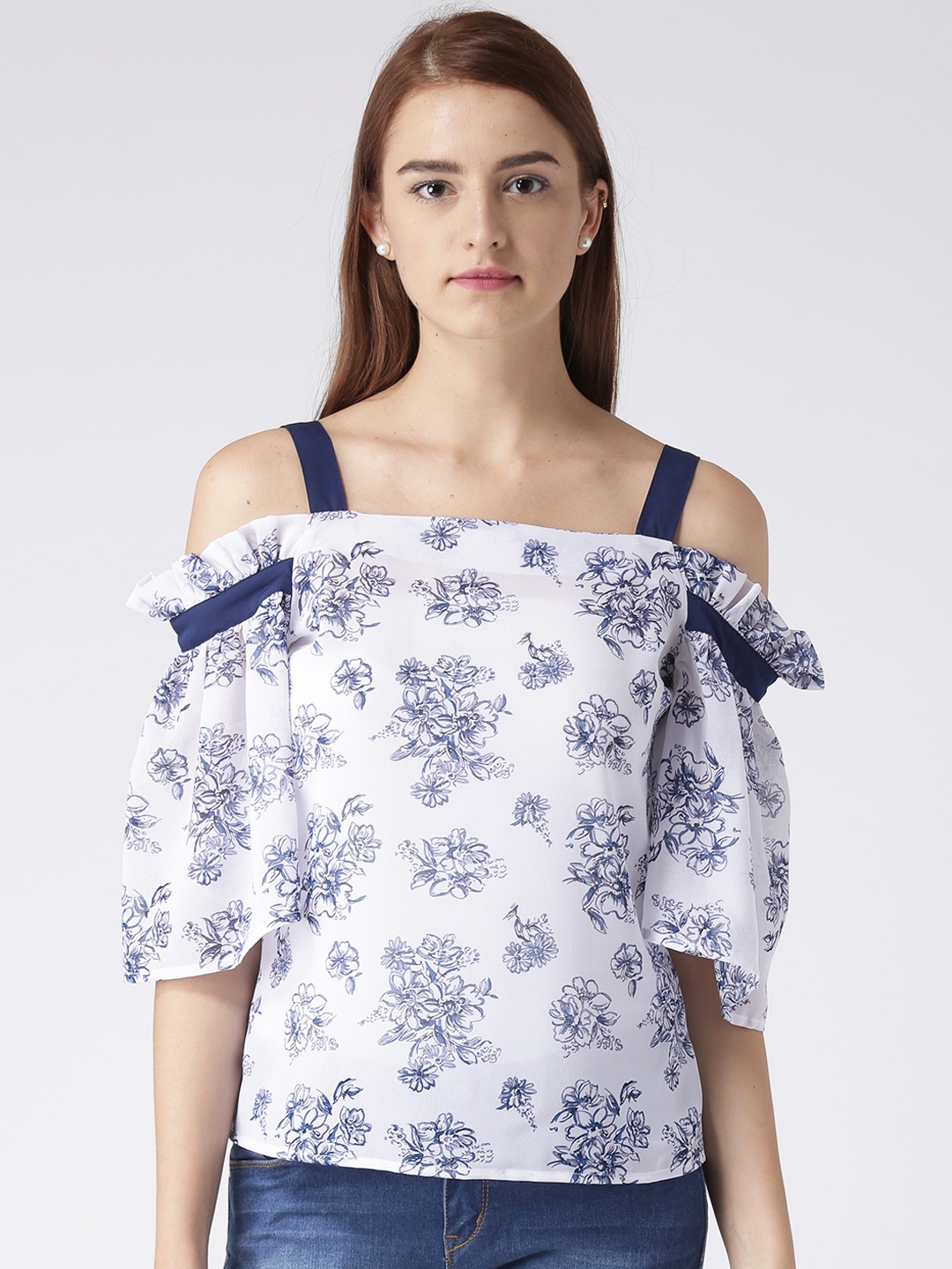 

KASSUALLY Women White & Blue Floral Print Top