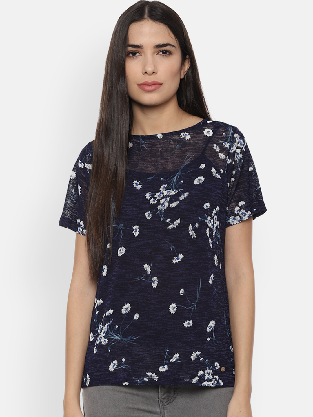 

Allen Solly Women Navy Blue Floral Print Top