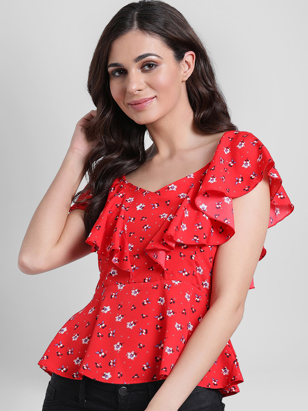 

Aayna Women Red Floral Print Peplum Top