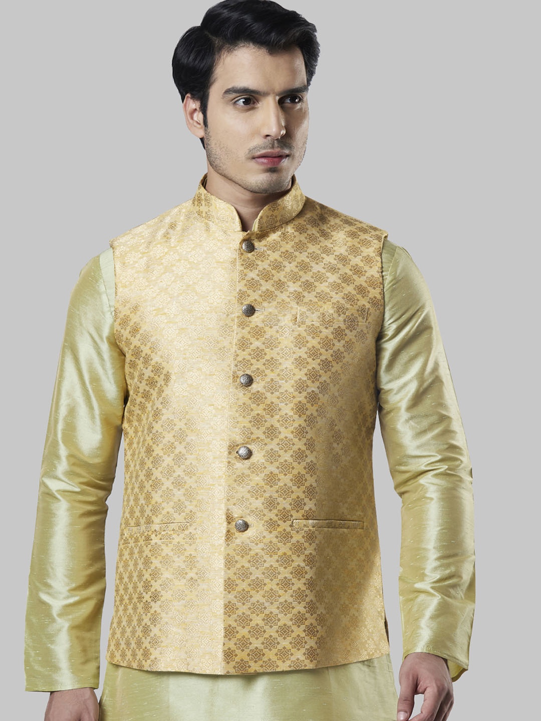 

Ethnix by Raymond Men Gold-Coloured Printed Nehru Jacket