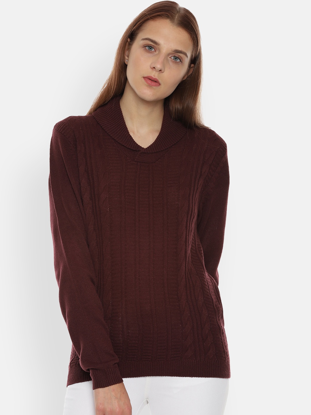 Van Heusen Women Maroon Self Design Sweater