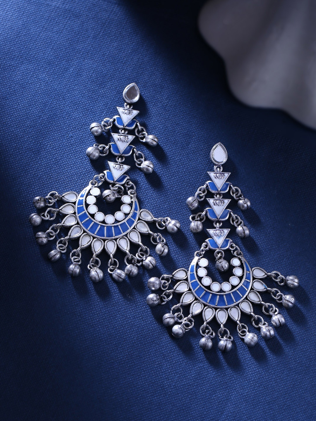 

Voylla Silver-Toned & Blue Floral Drop Earrings