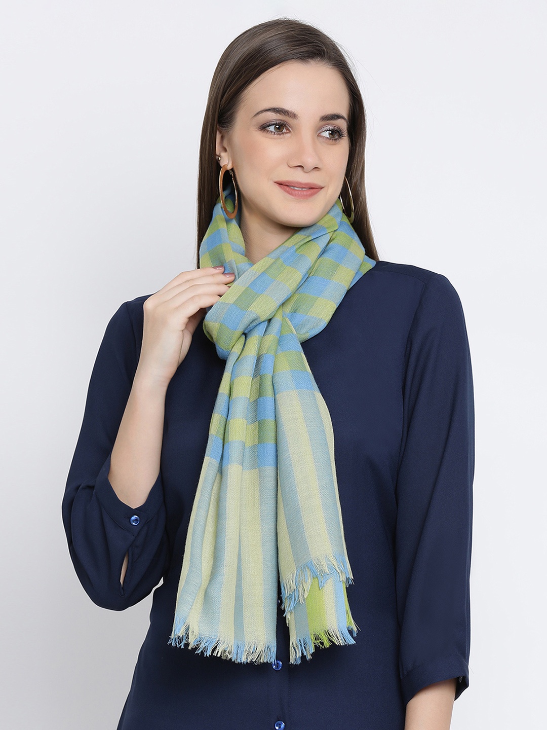 

SHINGORA Women Blue & Green Checked Wool Sustainable Shawl