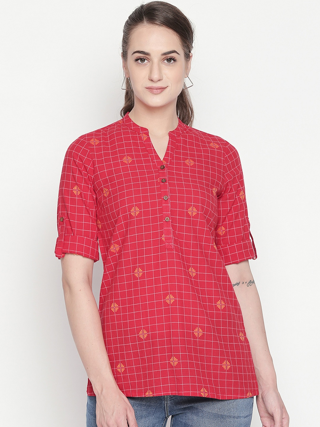 

AKKRITI BY PANTALOONS Red & Orange Embroidered Tunic