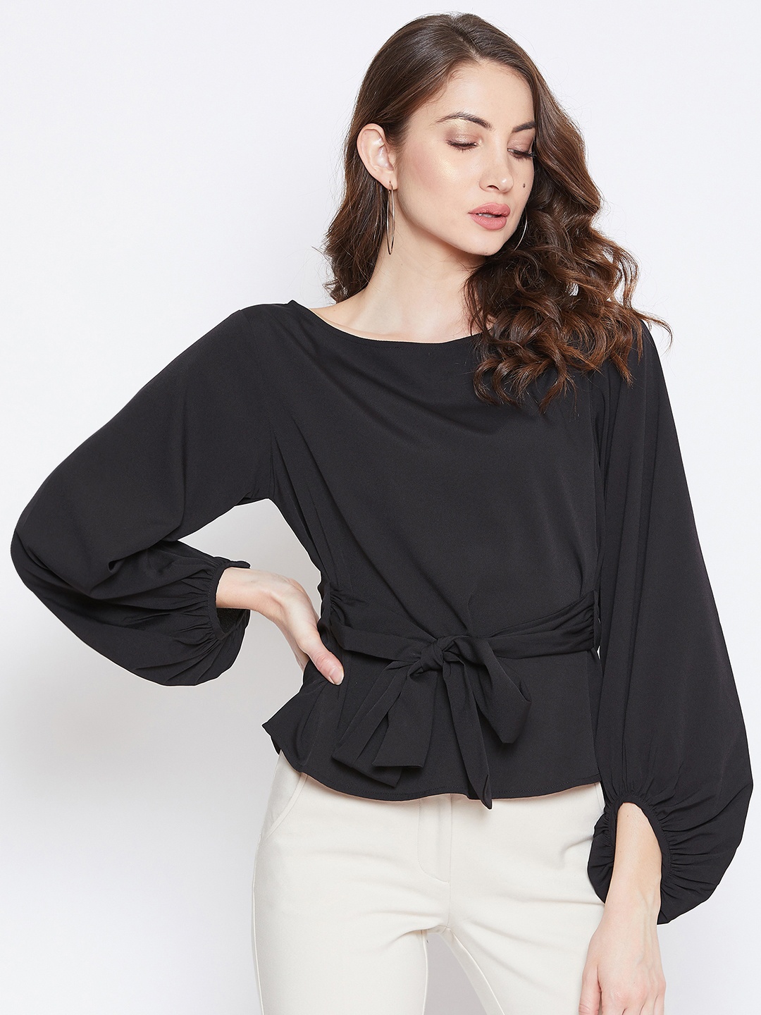 

Berrylush Women Black Solid Tie-Waist Top