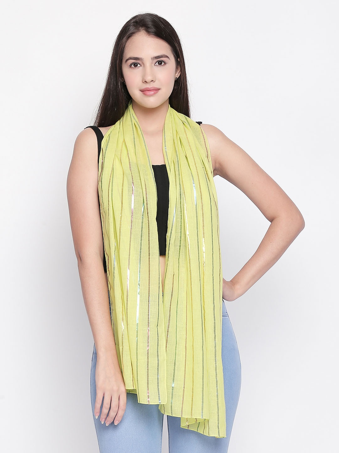 

Style Quotient Women Lime Green & Silver-Toned Striped Scarf