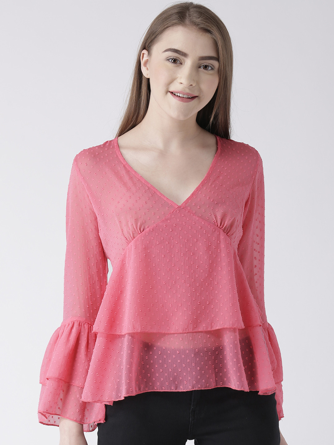 

KASSUALLY Women Pink Self Design Peplum Top